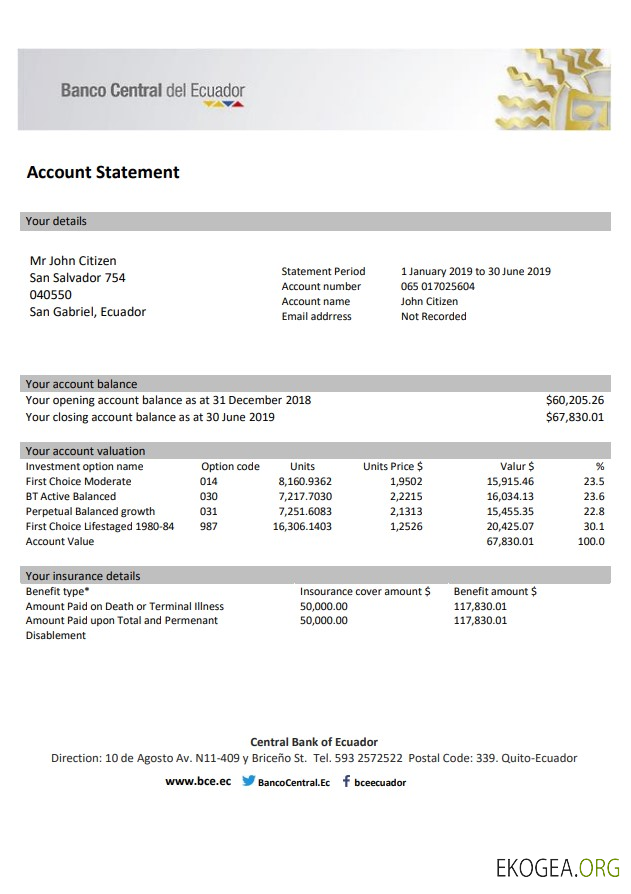 Relevé bancaire de la Banque centrale de l'Équateur
